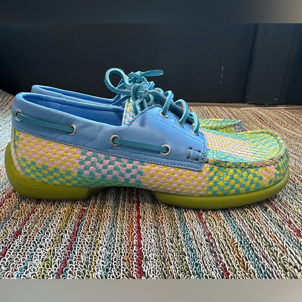 Fluevog LIKE NEW Peacemaker Sailor Swift multi-weave blue loafer boat shoe -9 - Picture 4 of 16